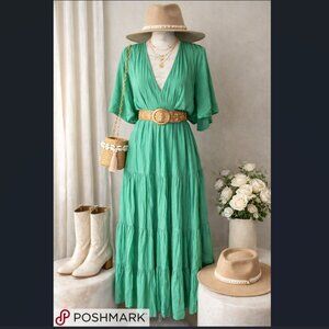 Entro Deep V Neck Elastic Waist Casual Tiered Flowy Midi Dress S